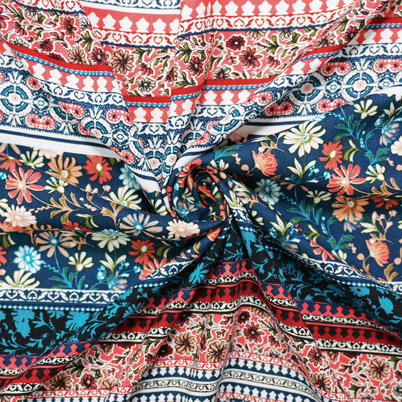 2 1/8 YD PC-Blue-White-Multi Rayon Floral Stripe Printed Challis Woven Fabric