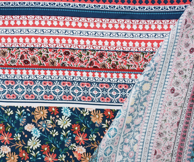 3 YD PC-Blue-White-Multi Rayon Floral Stripe Printed Challis Woven Fabric