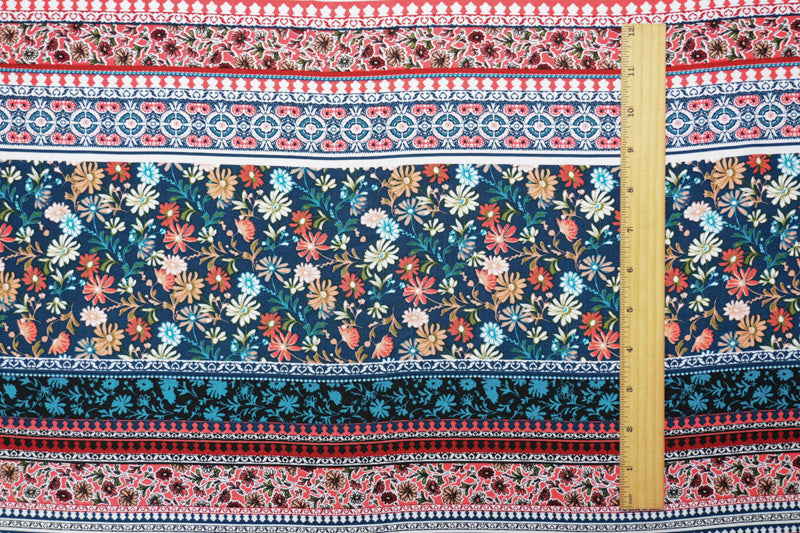 2 1/8 YD PC-Blue-White-Multi Rayon Floral Stripe Printed Challis Woven Fabric