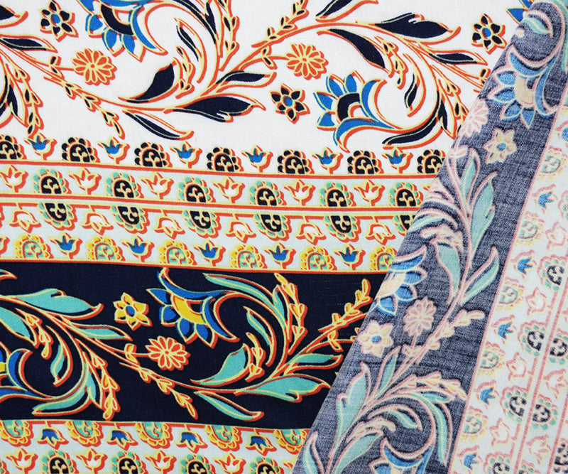 Blue-Yellow-Multi Rayon Floral Stripe Printed Challis Woven Fabric