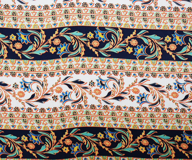 Blue-Yellow-Multi Rayon Floral Stripe Printed Challis Woven Fabric