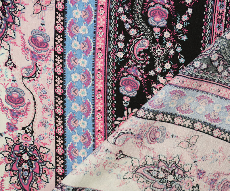 Pink-Multi Rayon Floral Stripe Printed Slub Challis Woven Fabric