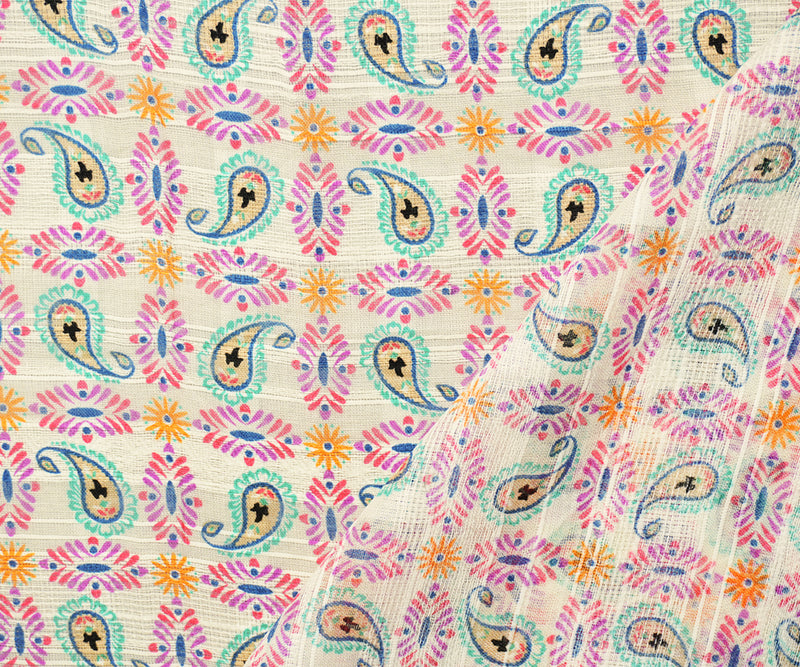 Ivory-Multi Rayon Paisley Printed Striped Dobby Woven Fabric