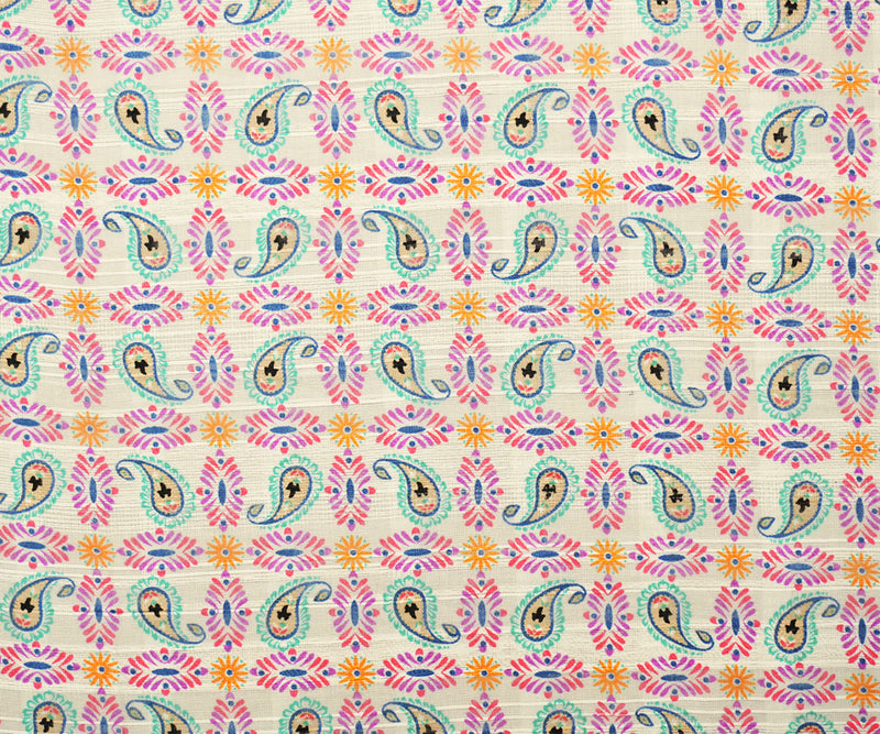 Ivory-Multi Rayon Paisley Printed Striped Dobby Woven Fabric