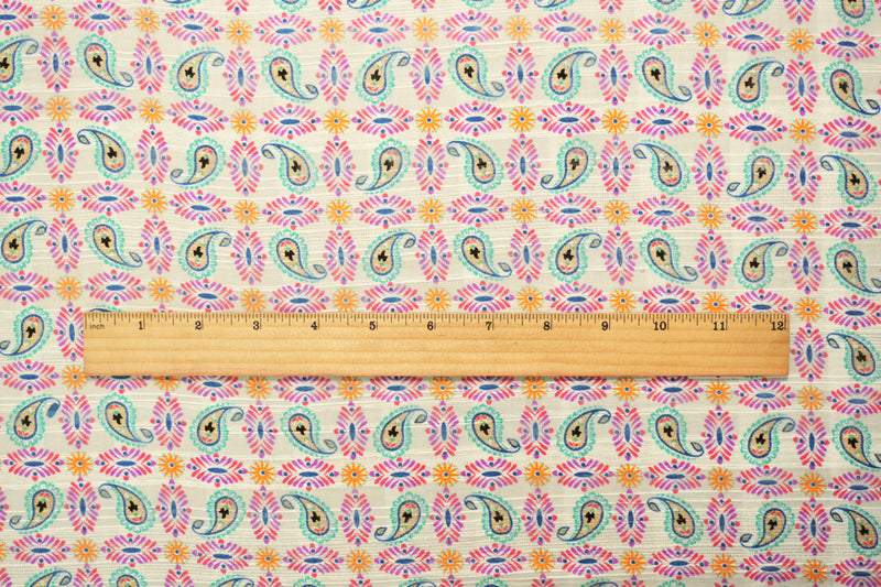 Ivory-Multi Rayon Paisley Printed Striped Dobby Woven Fabric