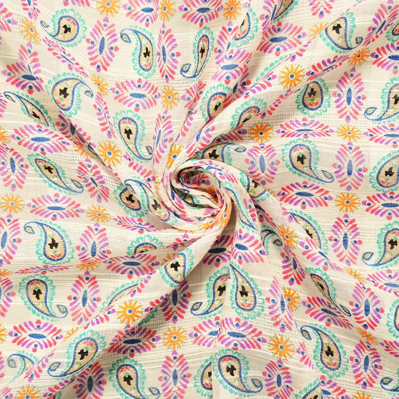 Ivory-Multi Rayon Paisley Printed Striped Dobby Woven Fabric