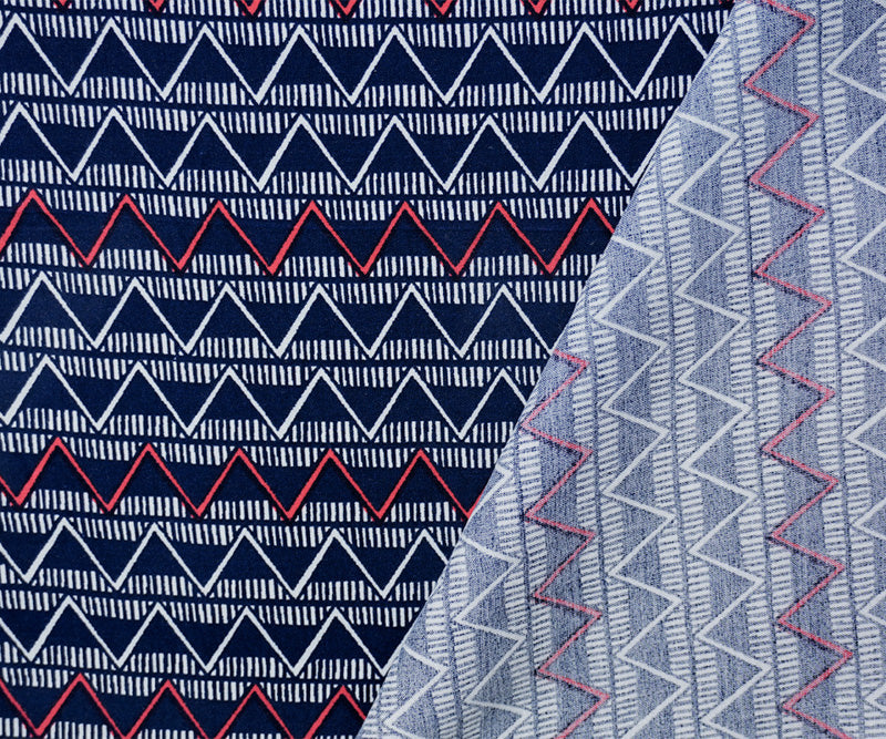 Blue-White-Red Rayon Chevron Stripe Printed Challis Woven Fabric