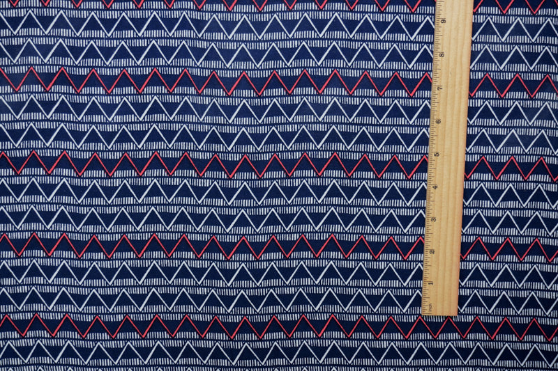 Blue-White-Red Rayon Chevron Stripe Printed Challis Woven Fabric
