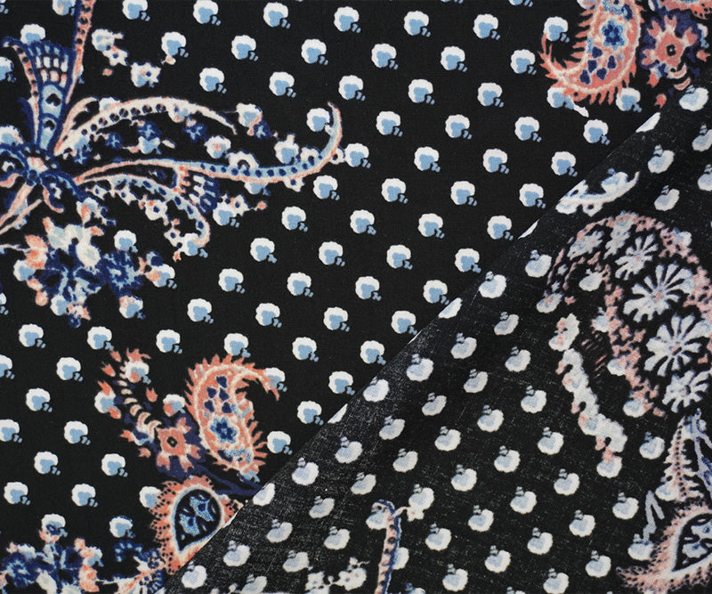 Black-Blue-Multi Rayon Paisley Printed Slub Challis Woven Fabric