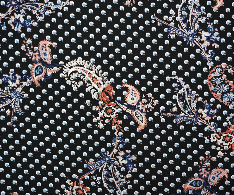 Black-Blue-Multi Rayon Paisley Printed Slub Challis Woven Fabric