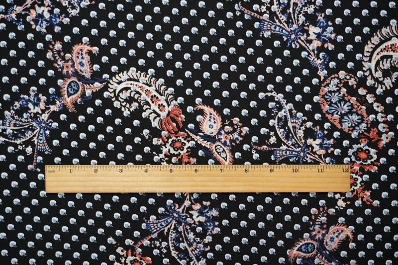 Black-Blue-Multi Rayon Paisley Printed Slub Challis Woven Fabric