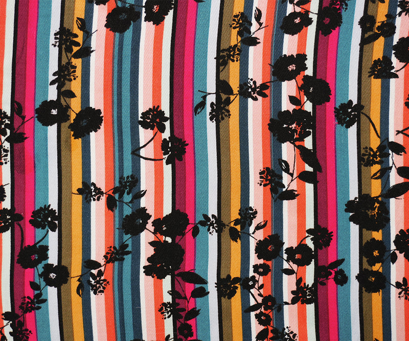 Black-Pink-Multi Rayon Floral Stripe Printed Twill Woven Fabric