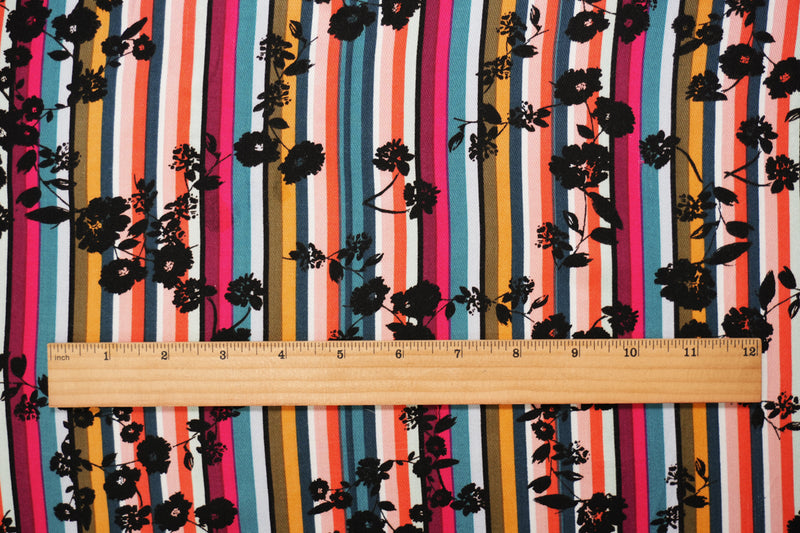 Black-Pink-Multi Rayon Floral Stripe Printed Twill Woven Fabric