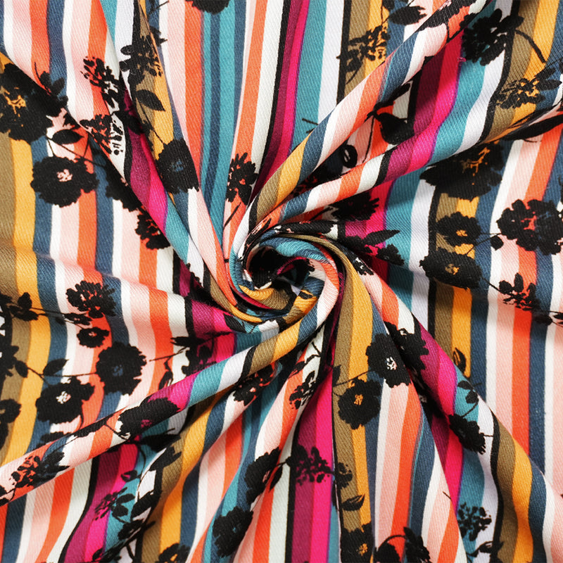 Black-Pink-Multi Rayon Floral Stripe Printed Twill Woven Fabric