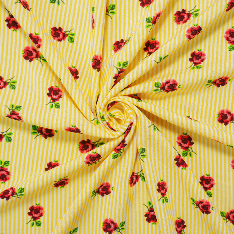 Yellow-White-Multi Rayon Floral Stripe Printed Challis Woven Fabric