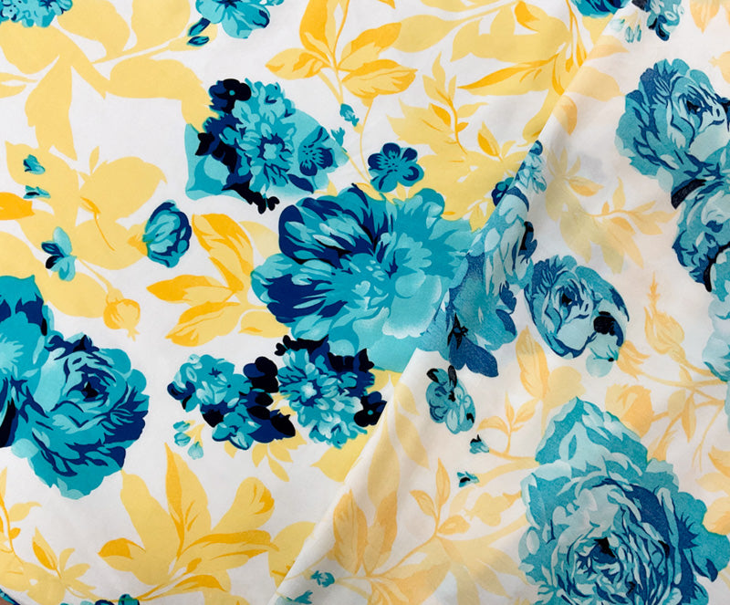 Blue-Yellow-White Rayon Floral Printed Shirting Woven Fabric
