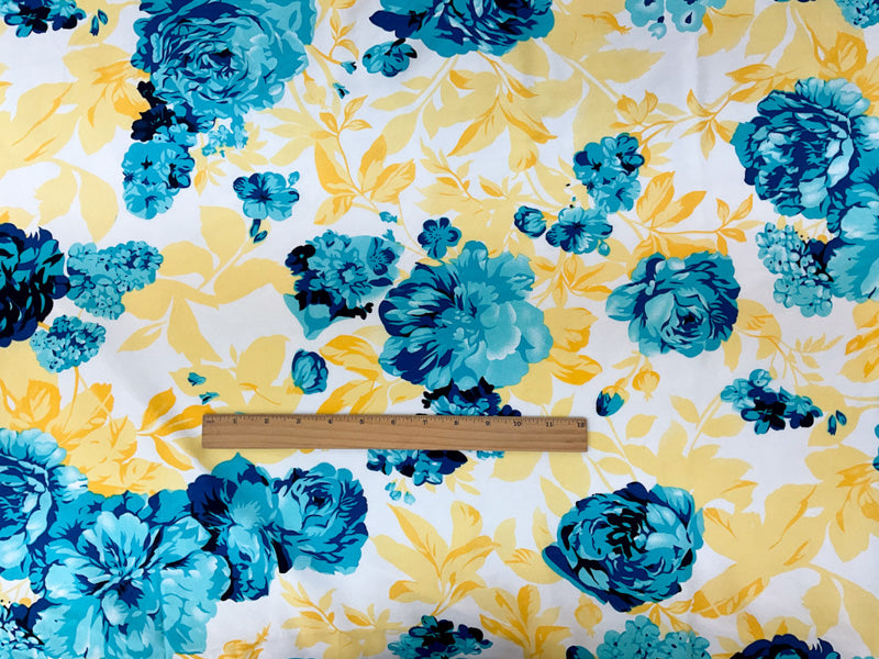 Blue-Yellow-White Rayon Floral Printed Shirting Woven Fabric