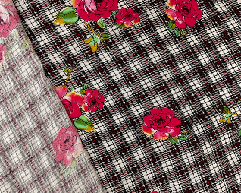 Black-Red-Multi Rayon Floral Plaid Printed Challis Woven Fabric