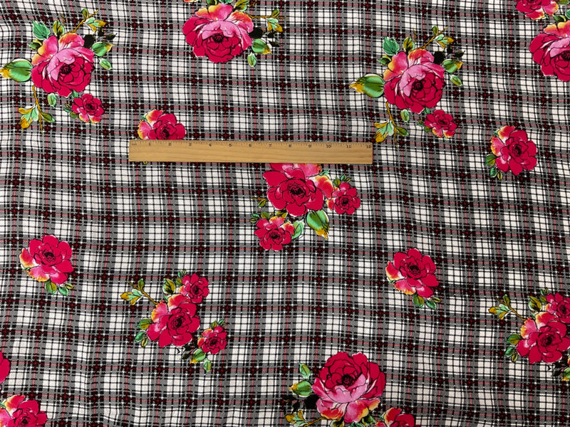 Black-Red-Multi Rayon Floral Plaid Printed Challis Woven Fabric