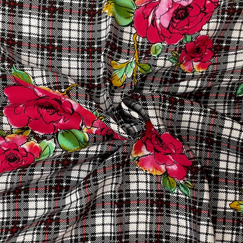 Black-Red-Multi Rayon Floral Plaid Printed Challis Woven Fabric