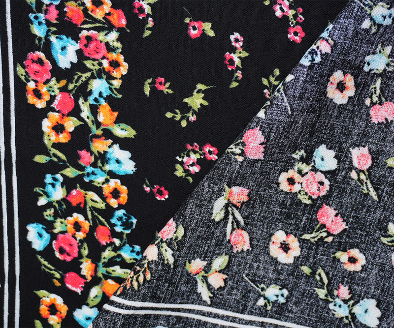 Black-Red-Multi Rayon Floral Stripe Printed Challis Woven Fabric