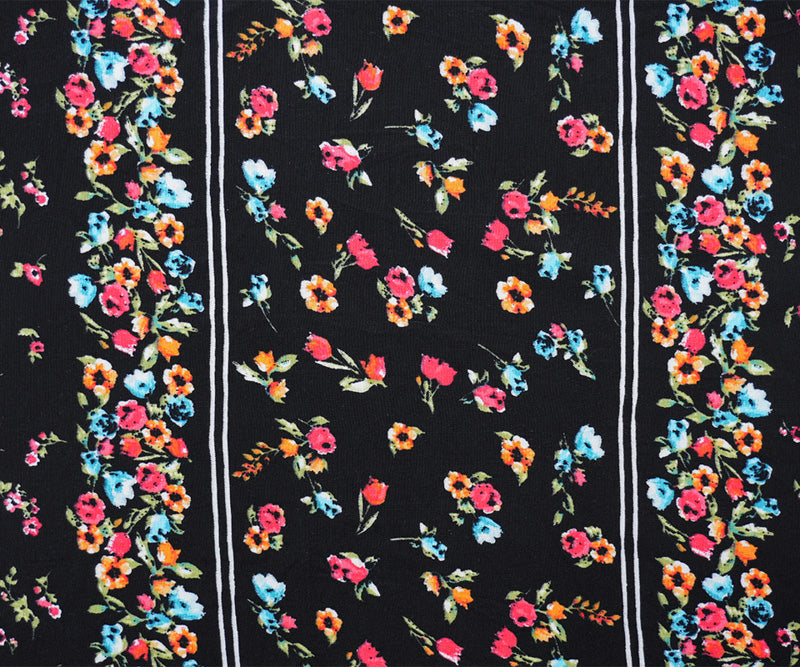 Black-Red-Multi Rayon Floral Stripe Printed Challis Woven Fabric