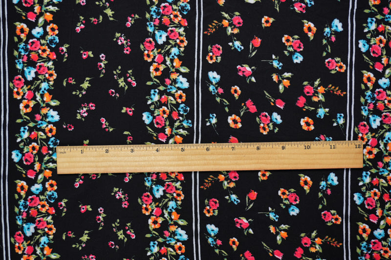 Black-Red-Multi Rayon Floral Stripe Printed Challis Woven Fabric