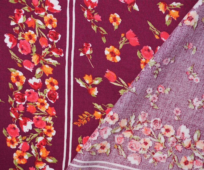 Magenta-Multi Rayon Floral Stripe Printed Challis Woven Fabric