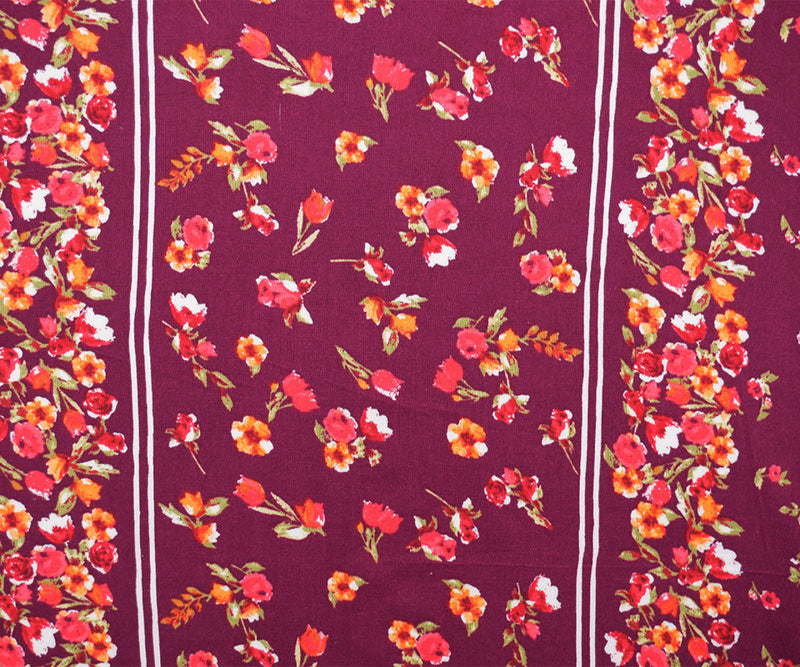 Magenta-Multi Rayon Floral Stripe Printed Challis Woven Fabric