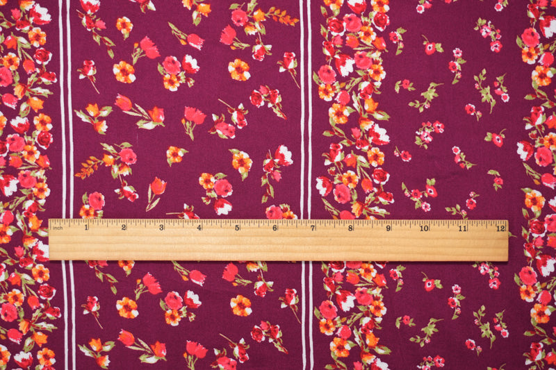 Magenta-Multi Rayon Floral Stripe Printed Challis Woven Fabric