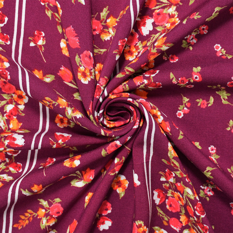 Magenta-Multi Rayon Floral Stripe Printed Challis Woven Fabric