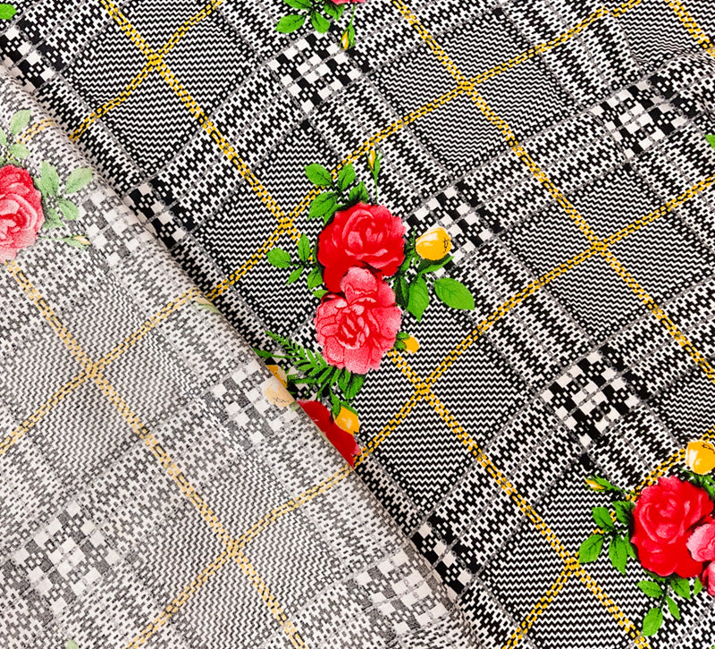 Black-Red-Multi Rayon Floral Plaid Printed Challis Woven Fabric