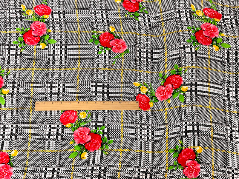 Black-Red-Multi Rayon Floral Plaid Printed Challis Woven Fabric