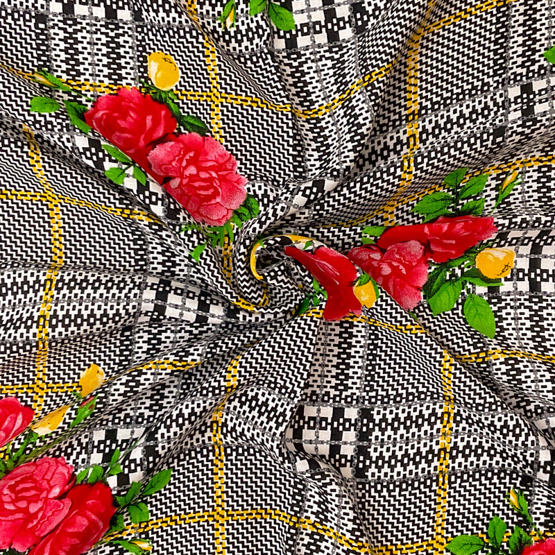Black-Red-Multi Rayon Floral Plaid Printed Challis Woven Fabric