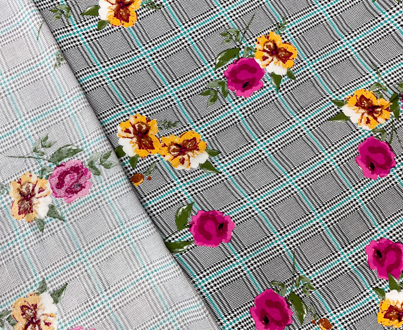 Black-Multi Rayon Floral Plaid Printed Challis Woven Fabric