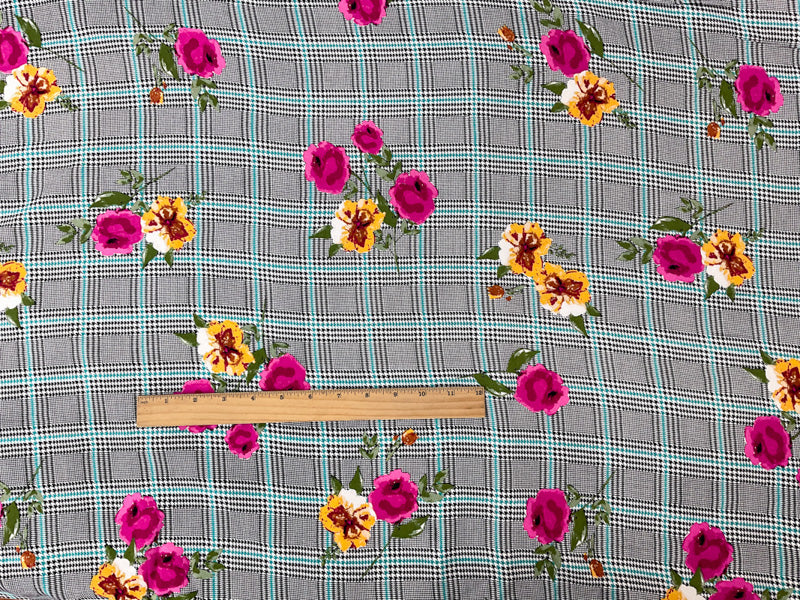 Black-Multi Rayon Floral Plaid Printed Challis Woven Fabric