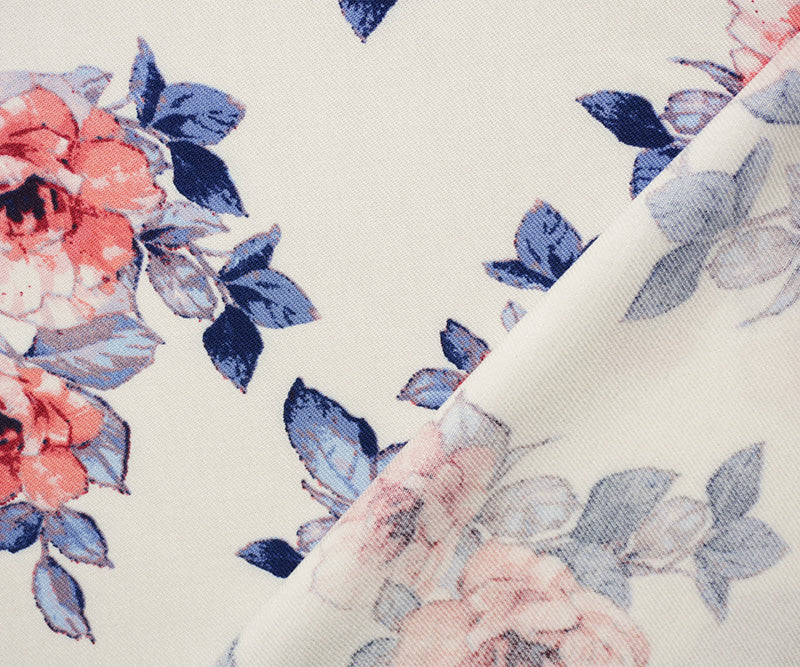 2 1/2 YD PC-White-Blue-Pink Rayon Floral Printed Twill Woven Fabric