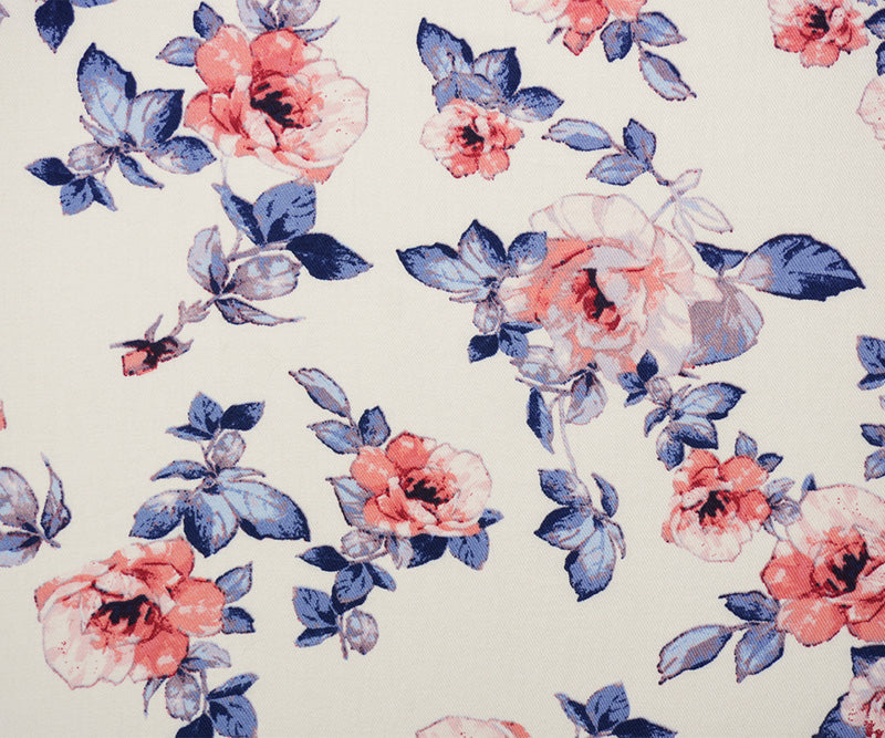 2 1/2 YD PC-White-Blue-Pink Rayon Floral Printed Twill Woven Fabric