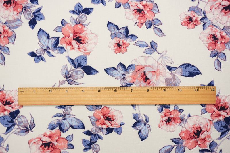 2 1/2 YD PC-White-Blue-Pink Rayon Floral Printed Twill Woven Fabric