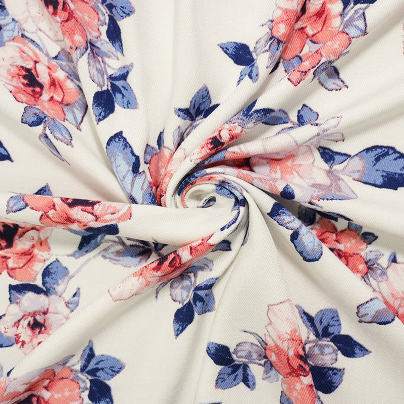 2 1/2 YD PC-White-Blue-Pink Rayon Floral Printed Twill Woven Fabric