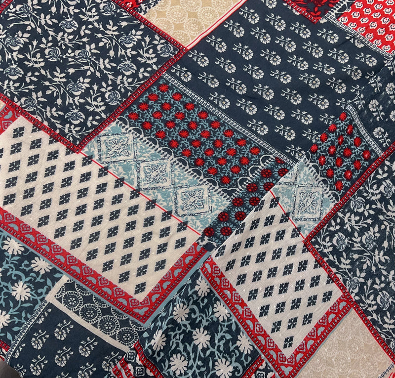 Blue-Red-Multi Rayon Patch Border Printed Lawn Woven Fabric