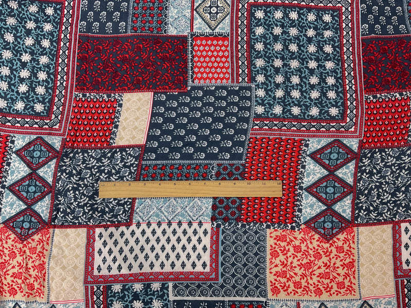 Blue-Red-Multi Rayon Patch Border Printed Lawn Woven Fabric