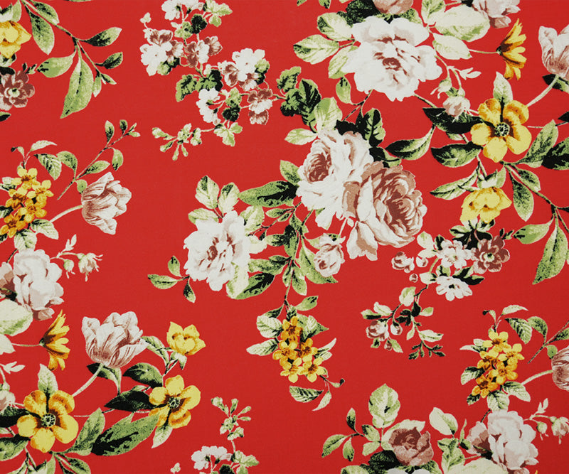 Red-Yellow-Multi Rayon Floral Printed Challis Woven Fabric