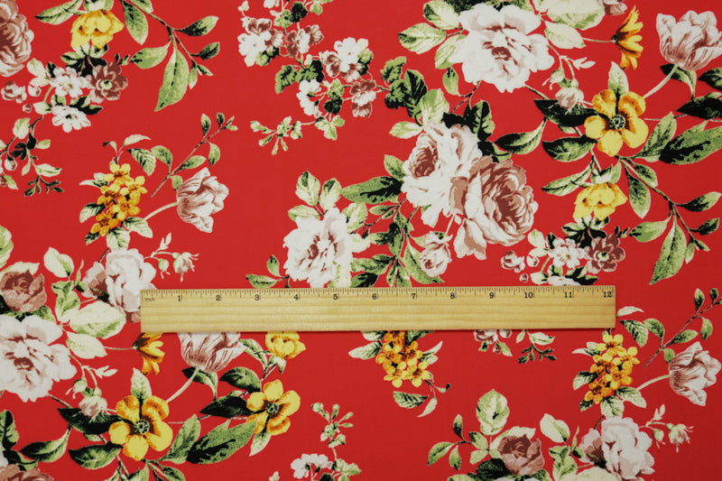 Red-Yellow-Multi Rayon Floral Printed Challis Woven Fabric