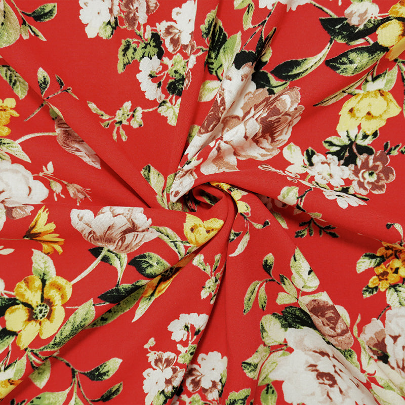 Red-Yellow-Multi Rayon Floral Printed Challis Woven Fabric