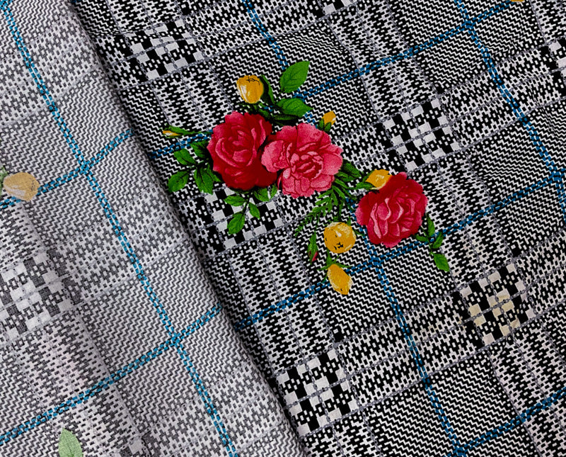 Black-Red-Multi Rayon Floral Plaid Printed Challis Woven Fabric