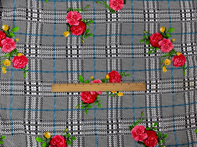 Black-Red-Multi Rayon Floral Plaid Printed Challis Woven Fabric
