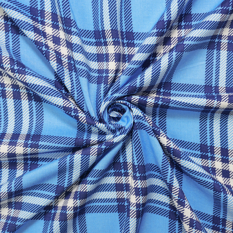 Blue-White Rayon Plaid Printed Challis Woven Fabric
