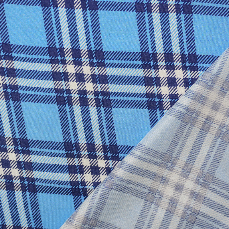 Blue-White Rayon Plaid Printed Challis Woven Fabric