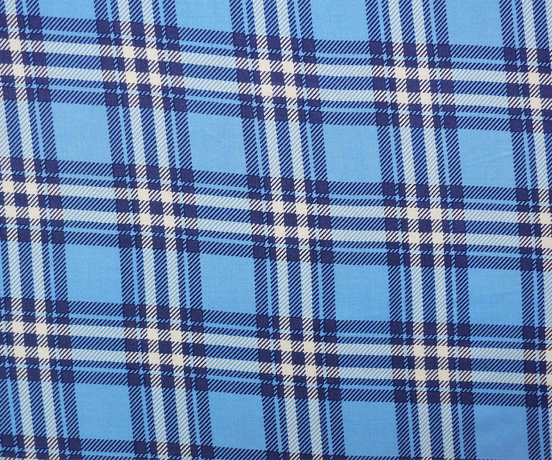 Blue-White Rayon Plaid Printed Challis Woven Fabric